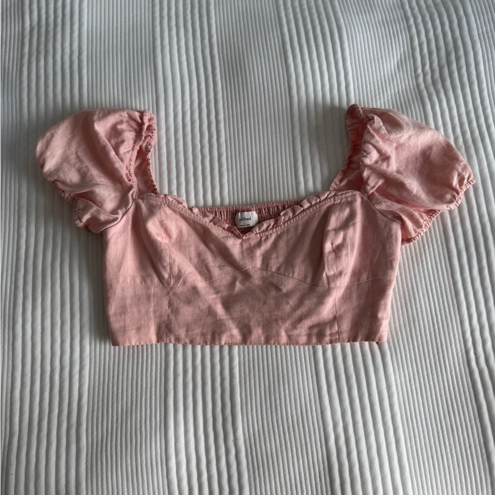 Aritzia Wilfred Light Pink Puff Sleeve Crop Top